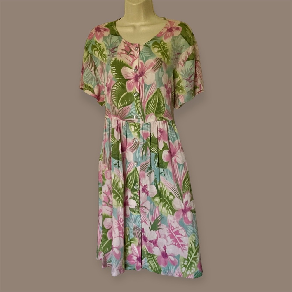 Vintage HILO HATTIE Hawaiian Tropical Floral 90s Y2K Sun Dress Green & Pink
